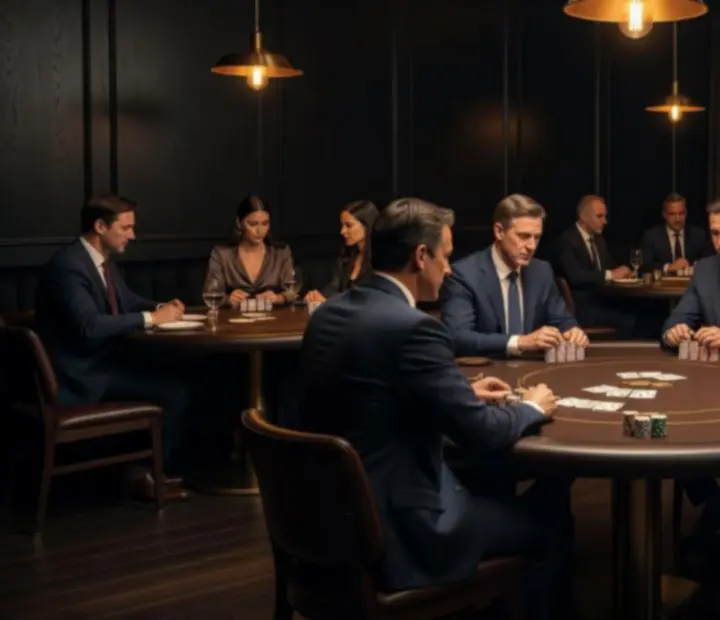 Dimly lit Australian card room with poker table, chips, and plated dishes