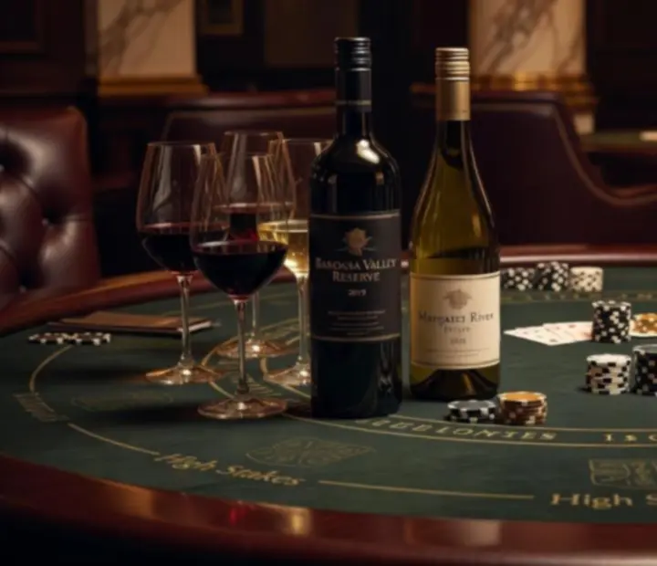 Australian wine bottle and glass on a dark bar beside poker chips