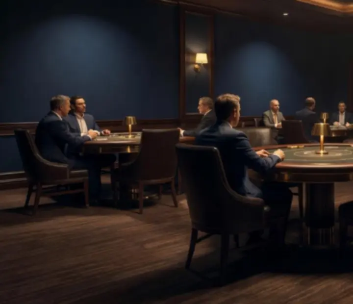 Moody lighting over poker tables at Shufflean Dember card room