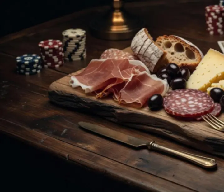 Dark, moody charcuterie and cheese board beside poker chips and cards