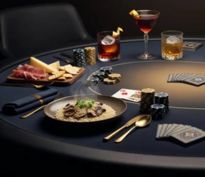 Delectable dishes and drinks served beside stacked poker chips at a dimly lit table