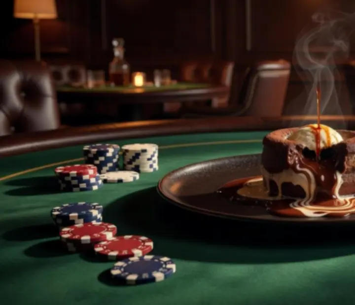 Rich dessert plated in a dark, atmospheric restaurant setting