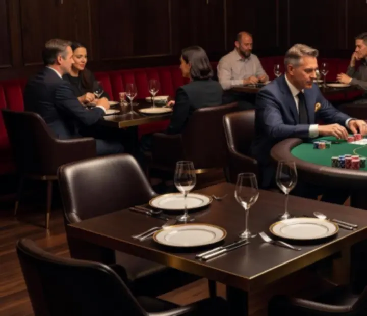 Cinematic Australian restaurant interior with elegant poker tables, chips, cards, and warm lighting