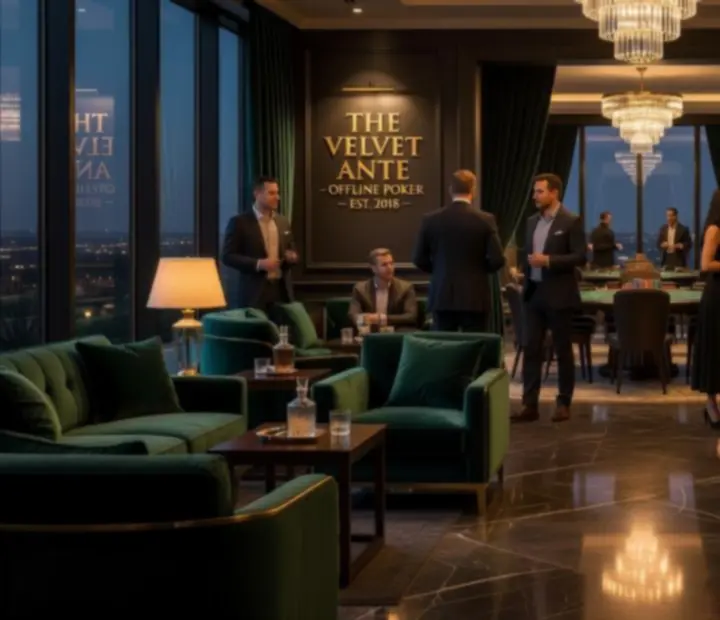 Guests arriving and being welcomed into the dark, cinematic card room and restaurant.