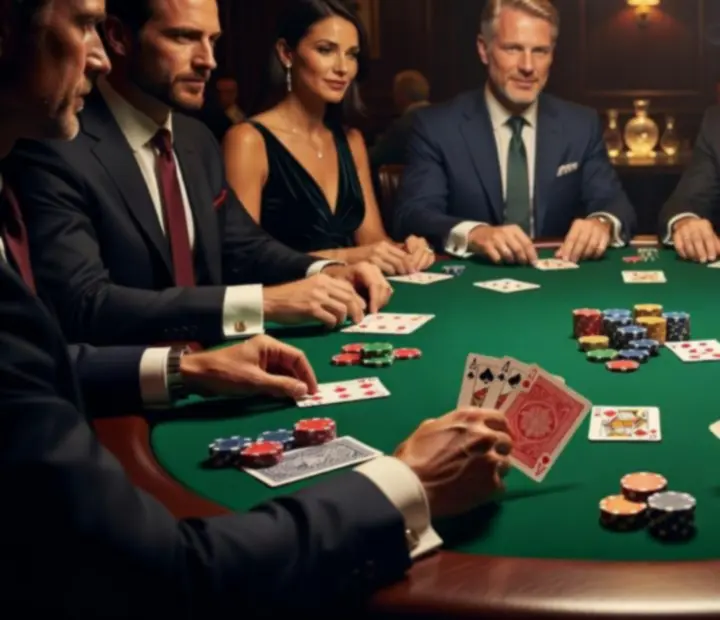 Chips and playing cards on a premium poker table beside plated food.