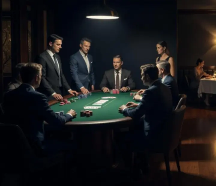 Guests choosing between restaurant tables and poker tables in a dark, elegant Australian card room.