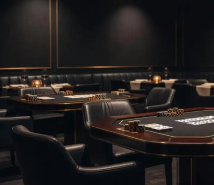 Atmospheric poker card room with elegant poker tables, chips, and warm restaurant lighting