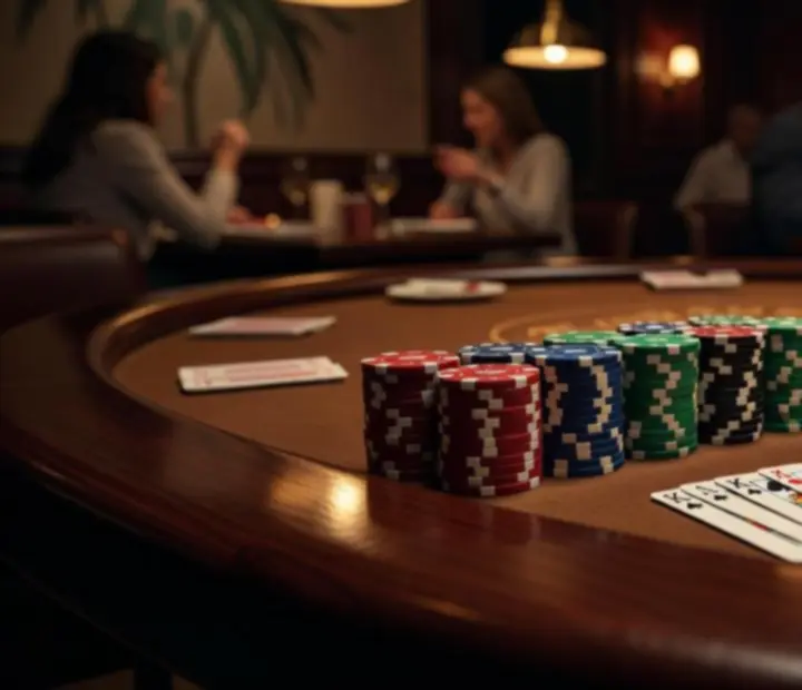 Poker chips neatly stacked on a felt poker table