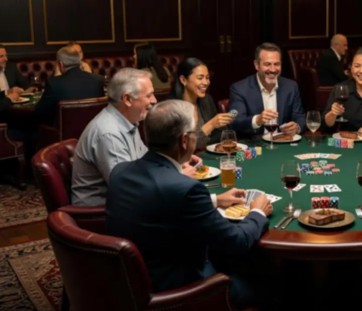 Guests socialising around a poker table in a warm Australian card room and restaurant.