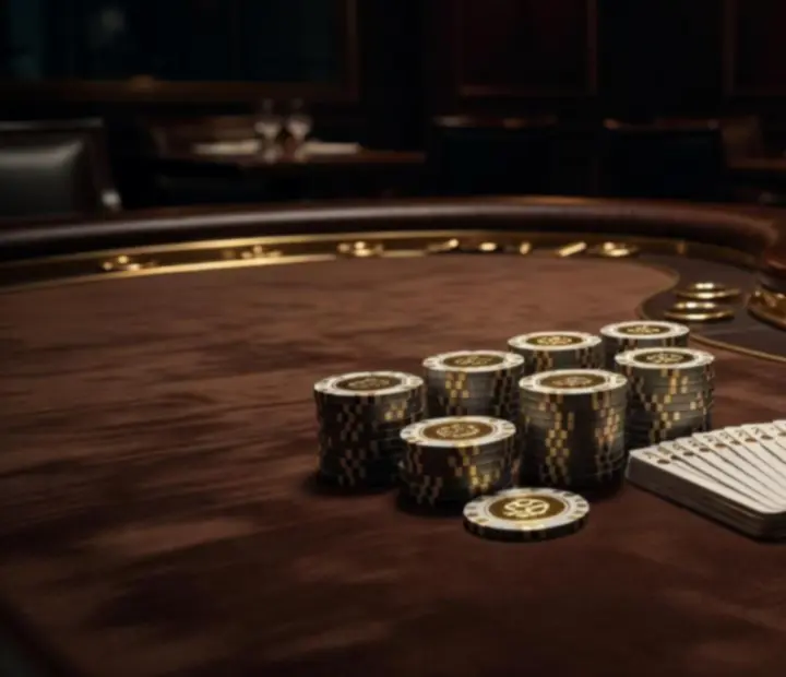 High roller-style poker table with elegant cards, chips, and moody lighting