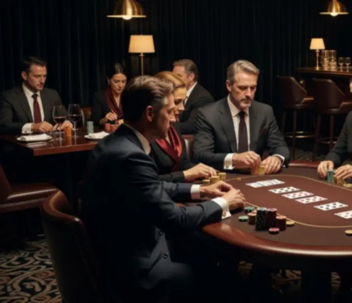 Dark Australian card room with poker tables, chips, and dining service prepared for offline poker night.
