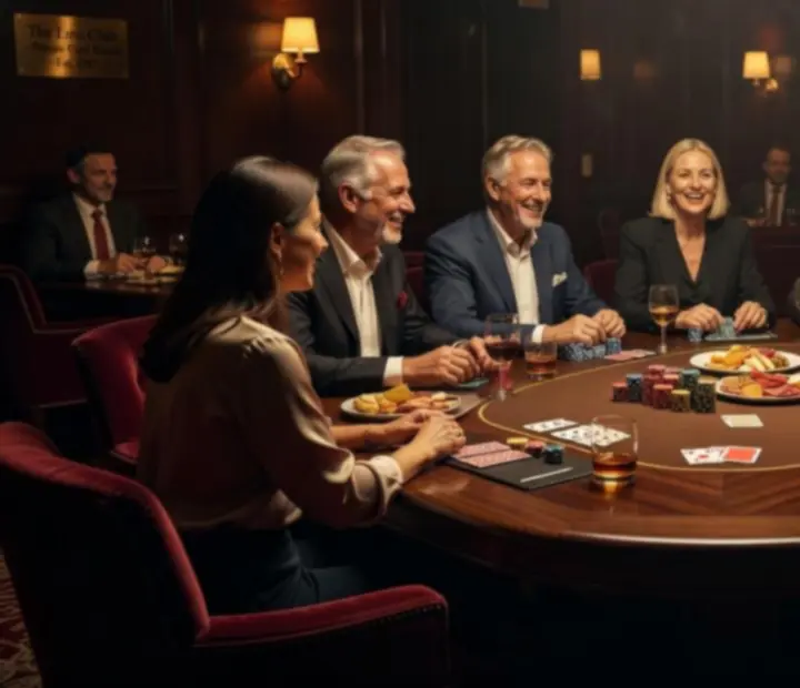 Private poker event with a high roller-style table, chips, and ambient restaurant lighting.