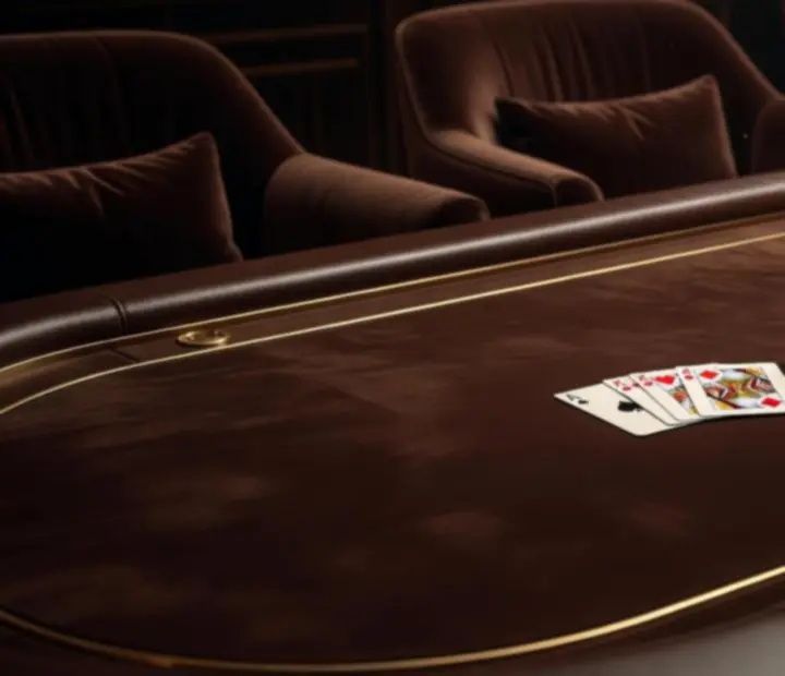 Close-up of an elegant poker table with cards, chips, and warm lighting in a dark Australian restaurant