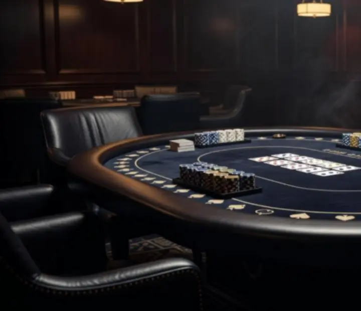 Warmly lit poker table with cards, chips, and restaurant glassware set for an evening in the card room.