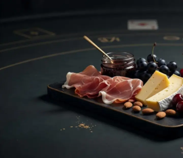 Elegant Australian restaurant plating and cocktail beside a softly lit poker-style table.