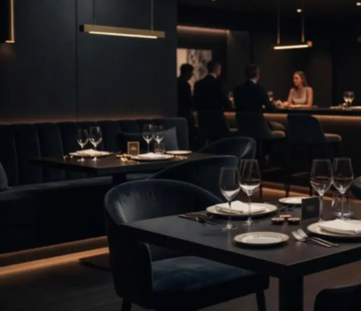 Dimly lit Australian restaurant card room with poker tables, chips, and plated dishes ready for reservations.