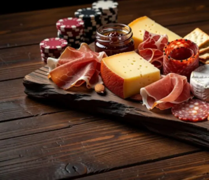 Signature Australian restaurant dish plated beside poker chips and cards under warm lighting