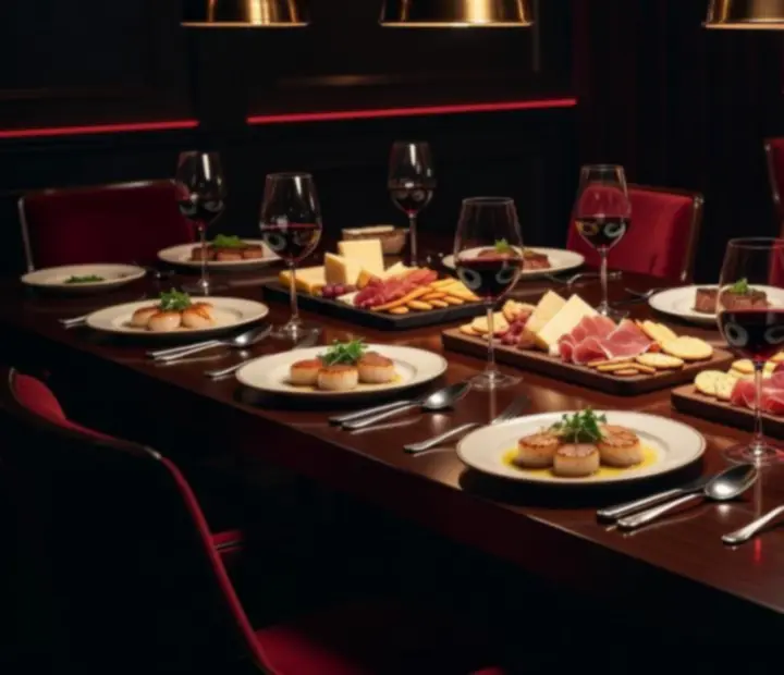 Themed dining night with elegant dishes beside a poker table lit by warm amber lighting.