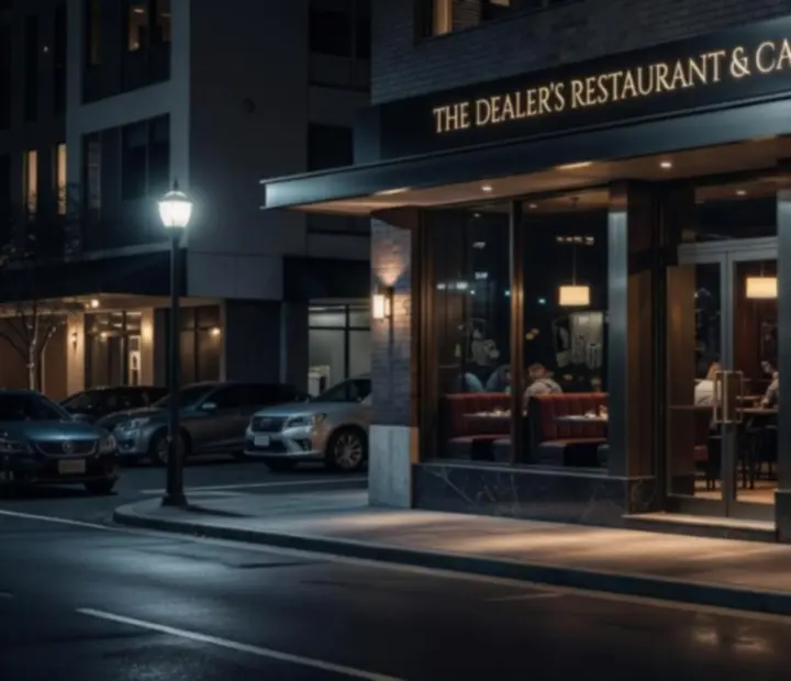 Exterior of an Australian restaurant and card room at night with warm light and subtle poker details.