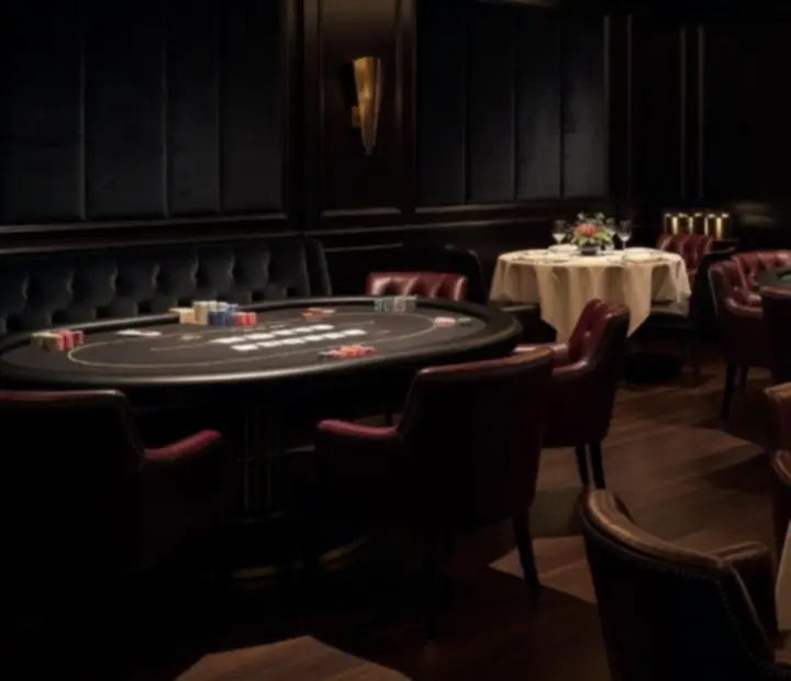Cinematic Australian restaurant interior with poker tables, warm lighting, and guests dining around a card room layout.